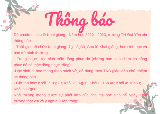Trường Tiểu học Đại Yên xin thông báo về việc Ngày Khai giảng 05/9/2022