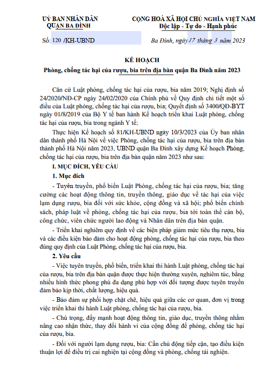 Ba Đình nghiêm cấm cán bộ, công chức sử dụng rượu, bia trong giờ làm việc