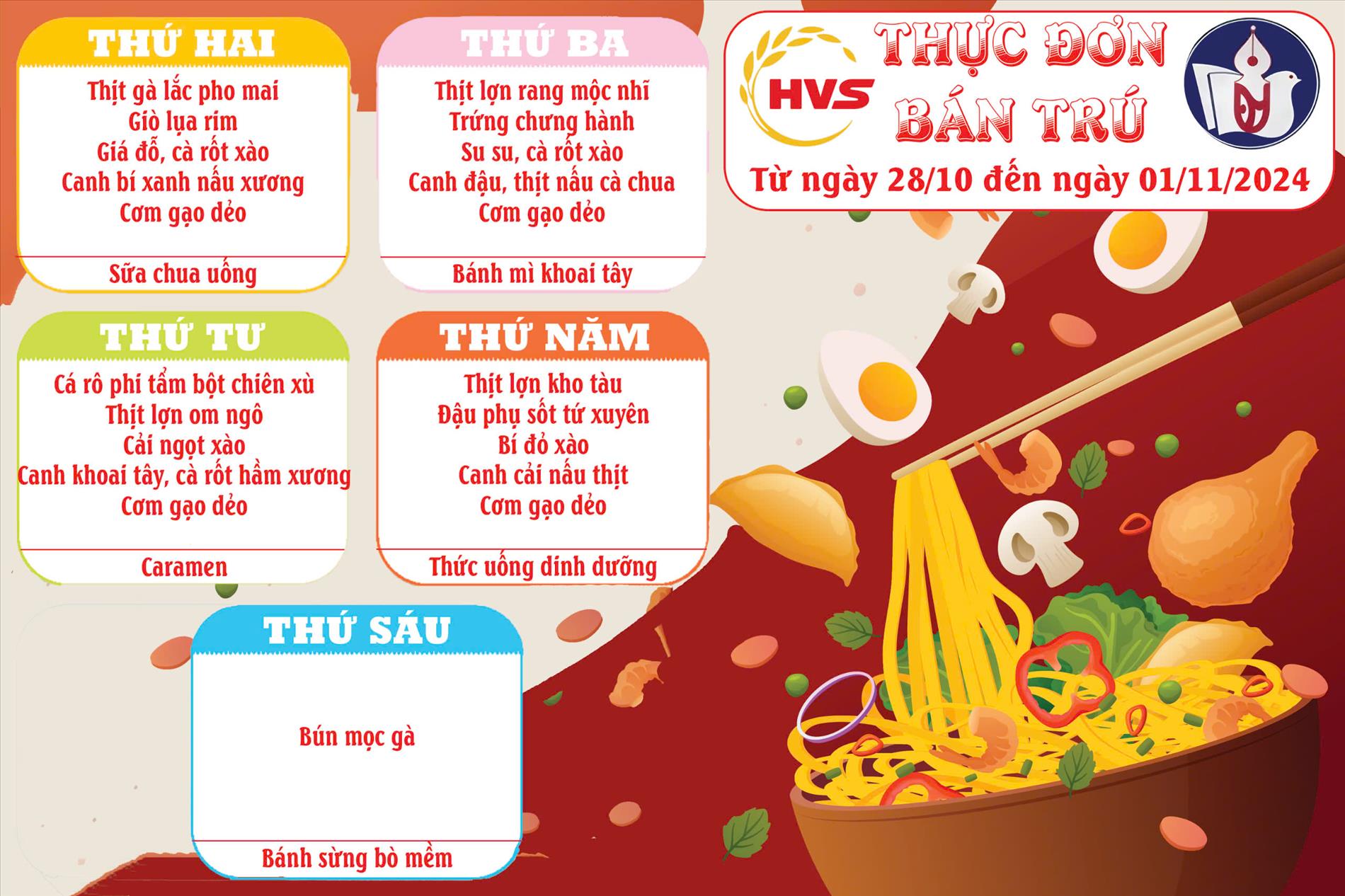 Thực đơn học sinh từ 28/10 đến 1/11