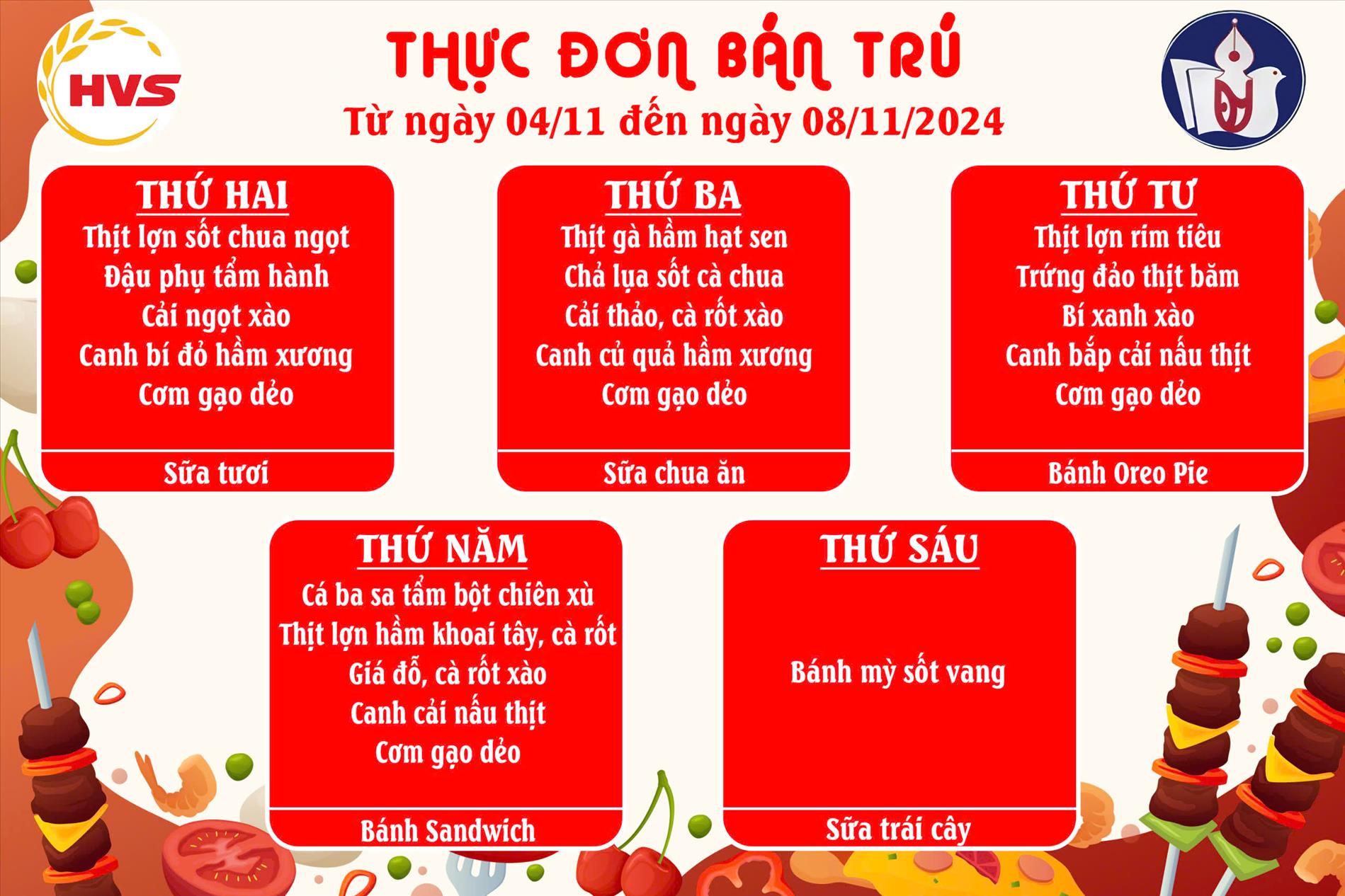 Thực đơn học sinh từ 4/11 đến 8/11