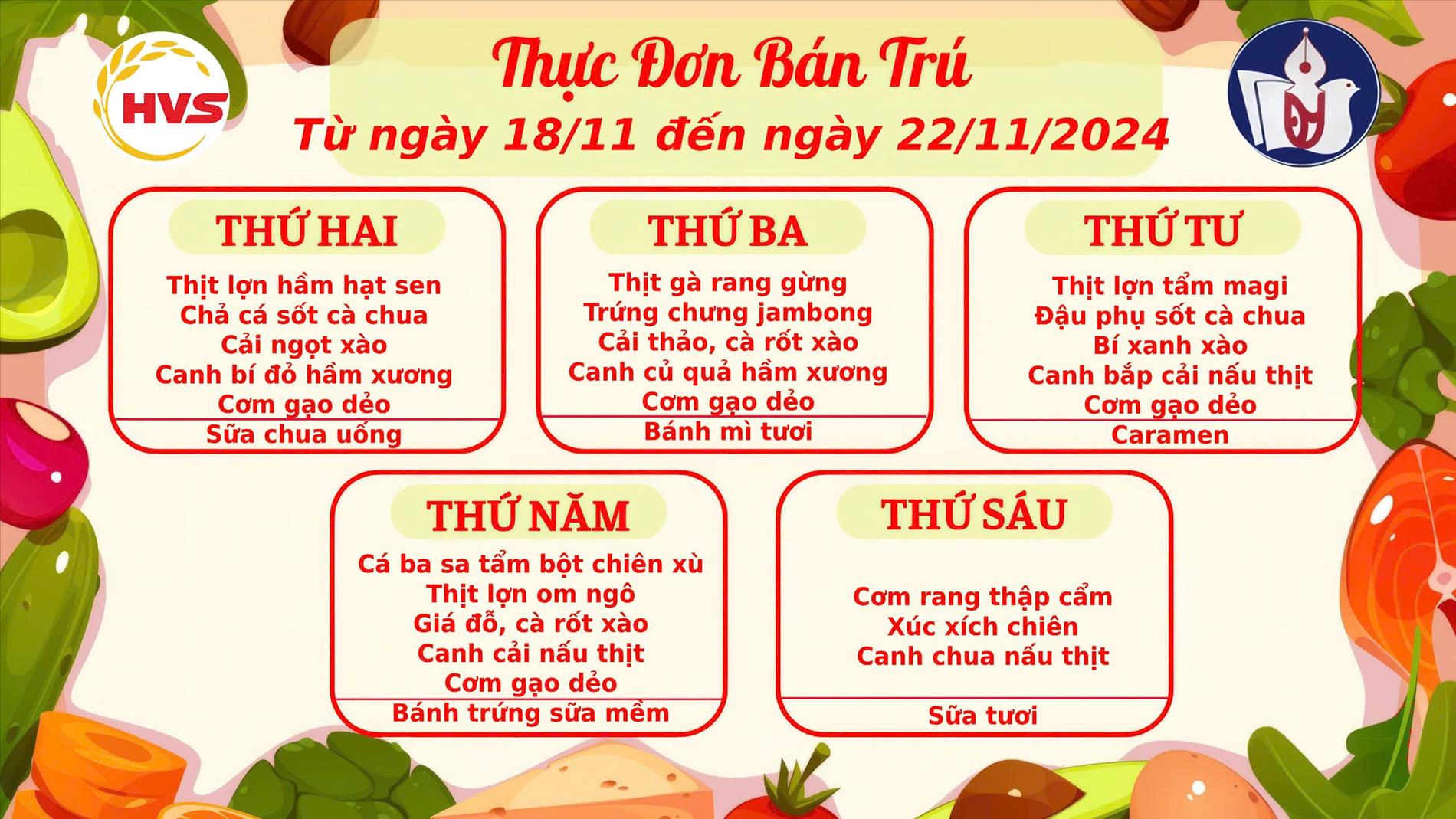 Thực đơn học sinh từ 18/11đến 22/11