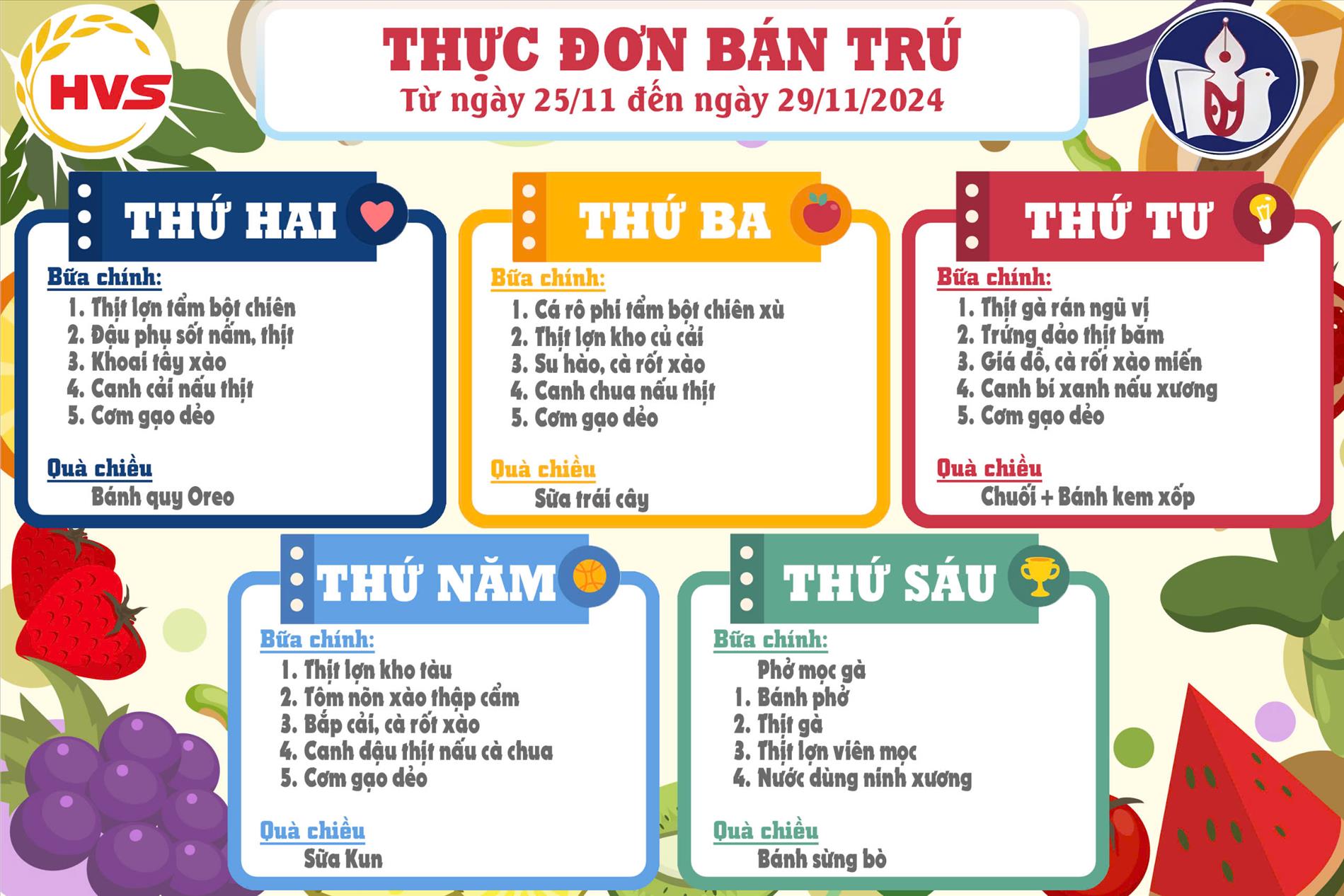 Thực đơn học sinh từ 25/11đến 29/11
