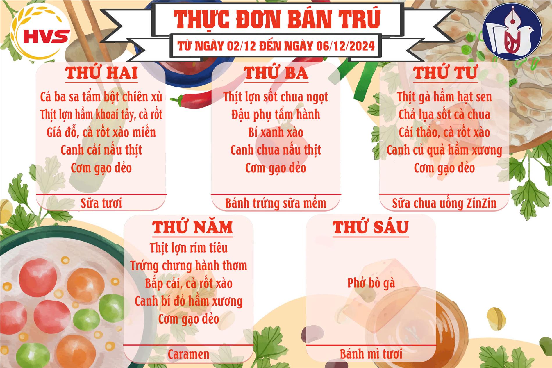 Thực đơn học sinh từ 2/12đến 6/12