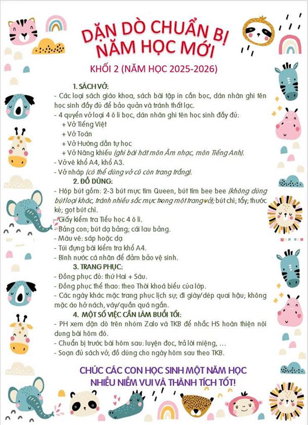 HỌC SINH KHỐI 2 CẦN CHUẨN BỊ CHO NĂM HỌC MỚI 2025-2026