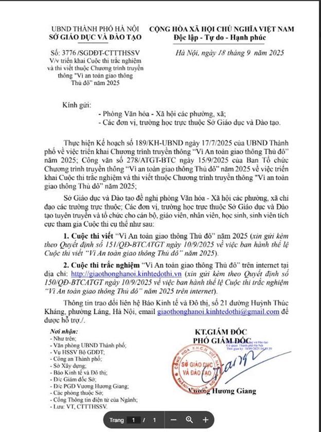 Phát động cuộc thi viết “Vì an toàn giao thông Thủ đô” năm học 2025-2026