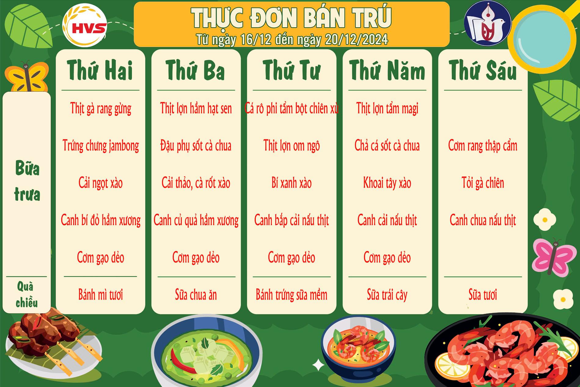 Thực đơn học sinh tuần 3 tháng 12