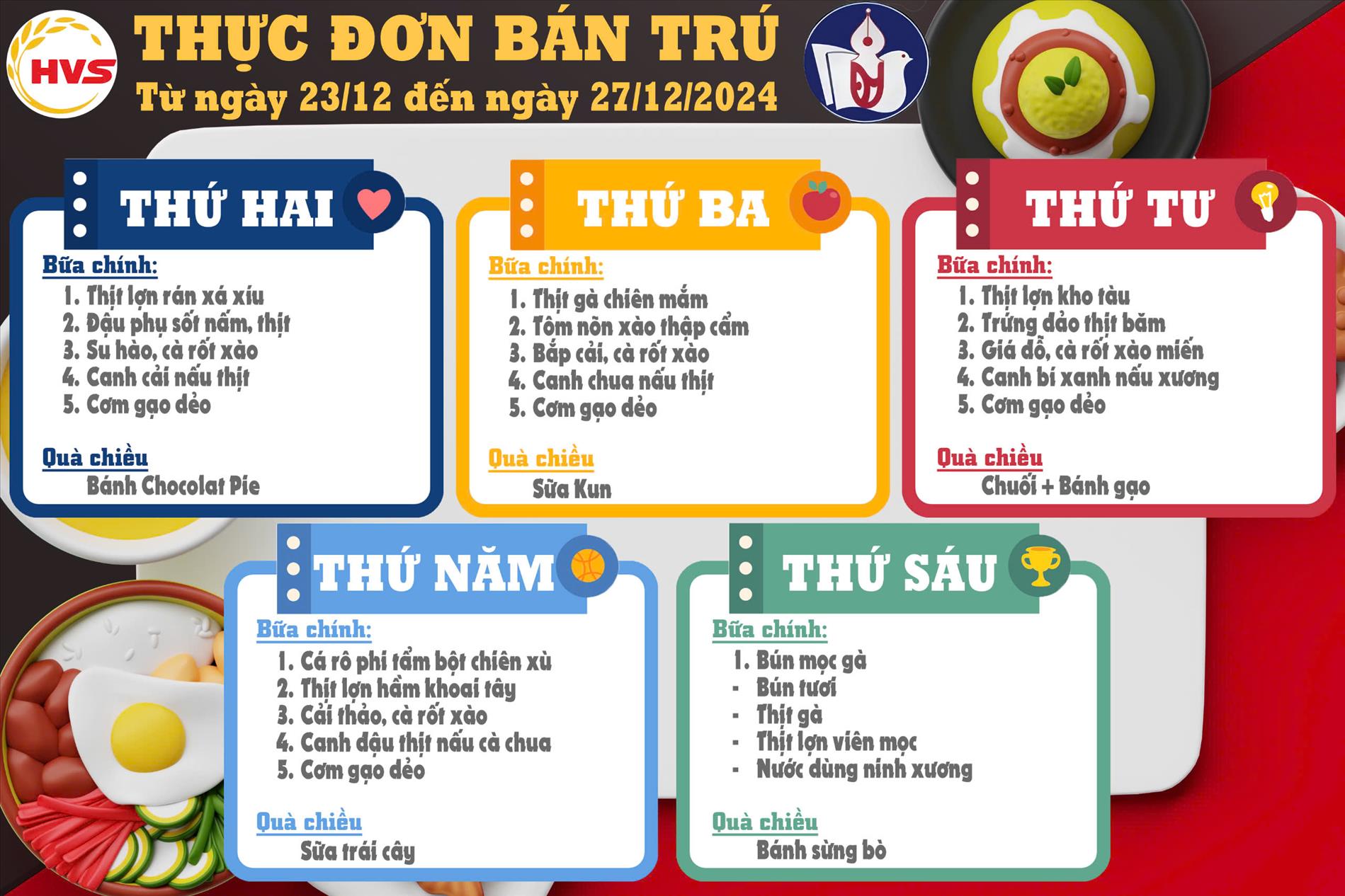Thực đơn học sinh tuần 4 tháng 12