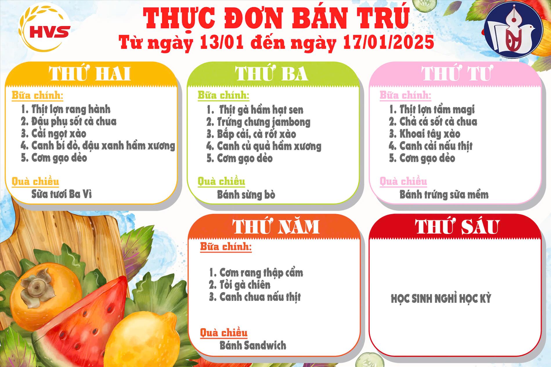 thực đơn học sinh tuần 3 tháng 1 năm 2025