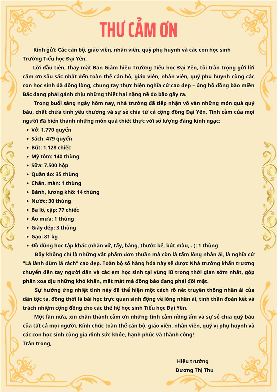 Thư cảm ơn gửi đến CB-GV-NV, PHHS và học sinh đã tham gia ủng hộ đồng bào miền Bắc bị ảnh hưởng bởi bão