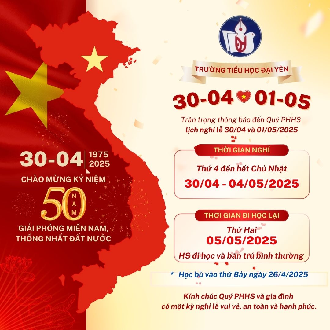 Thông báo học bù,  nghỉ lễ 30-4 và 1-5 năm học 2024-2025