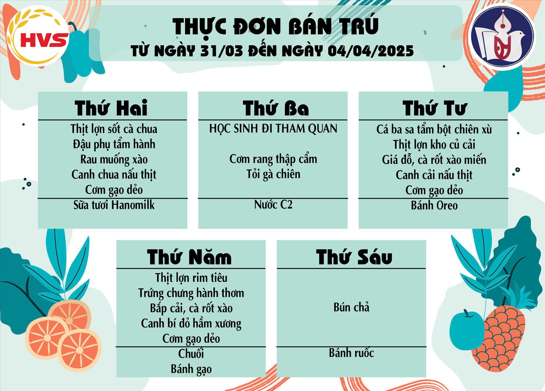 Thực đơn 2/4/2025