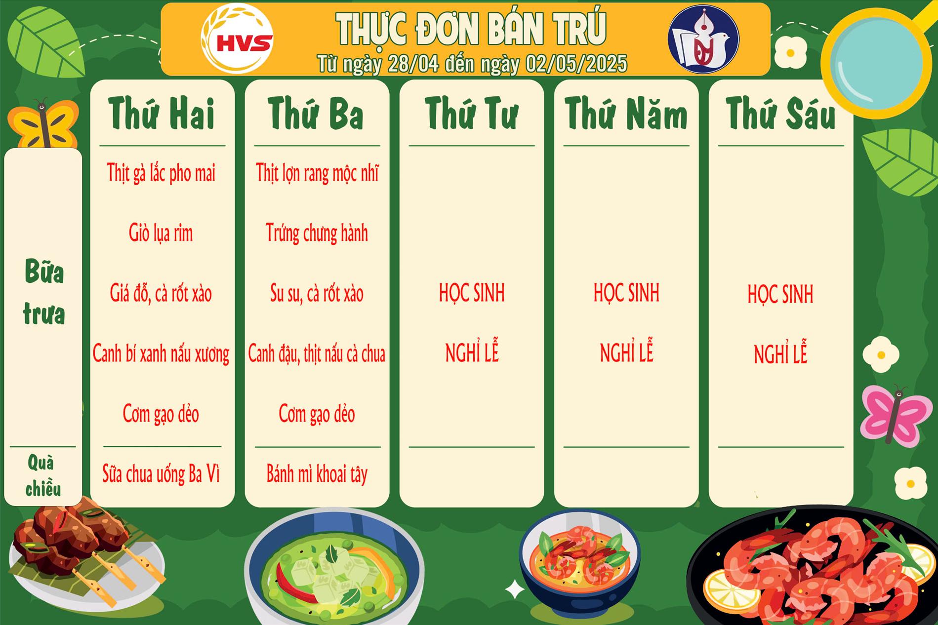 Thực đơn ngày 28/04/2025