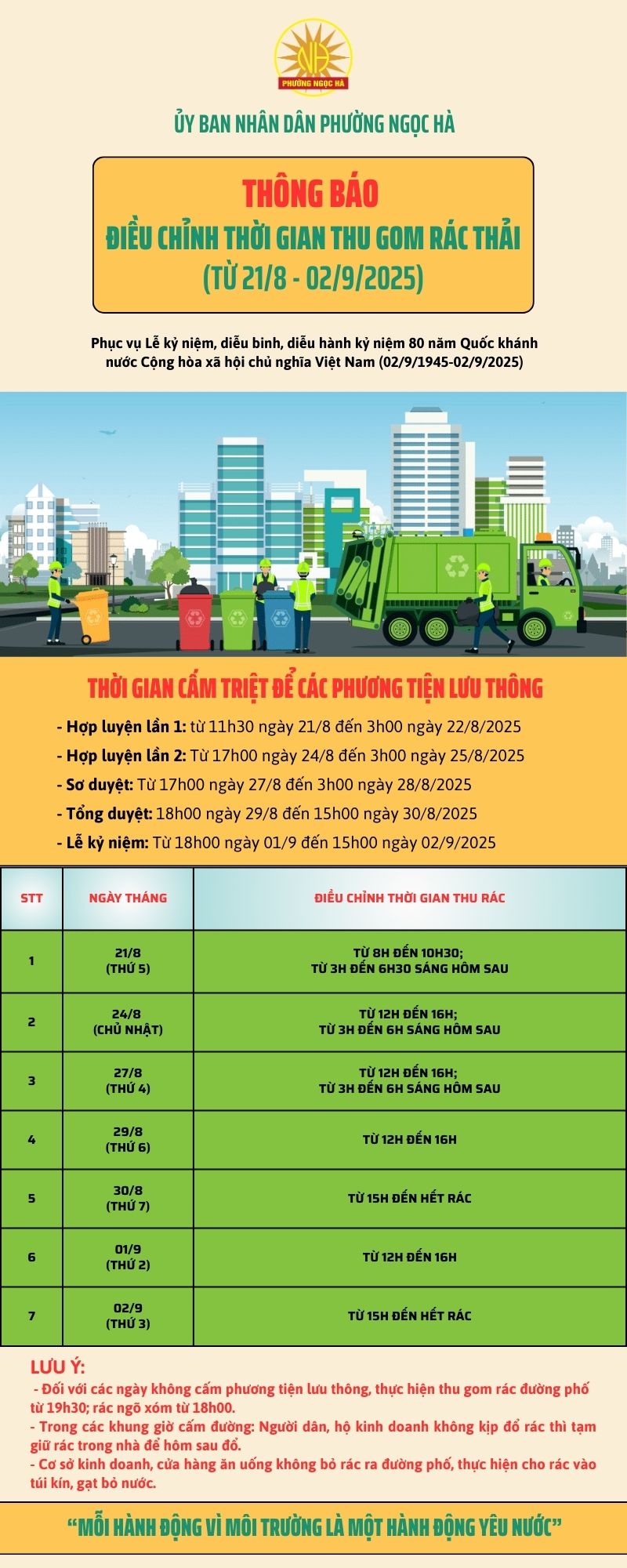 Thông báo: điều chỉnh giờ thu gom rác thải từ 21/08 đến 02/09/2025