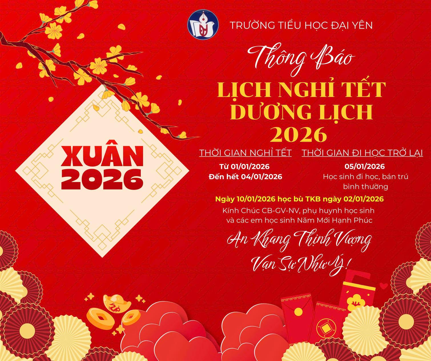 Thông báo: Nghỉ tết dương lịch 2025 và lịch học bù