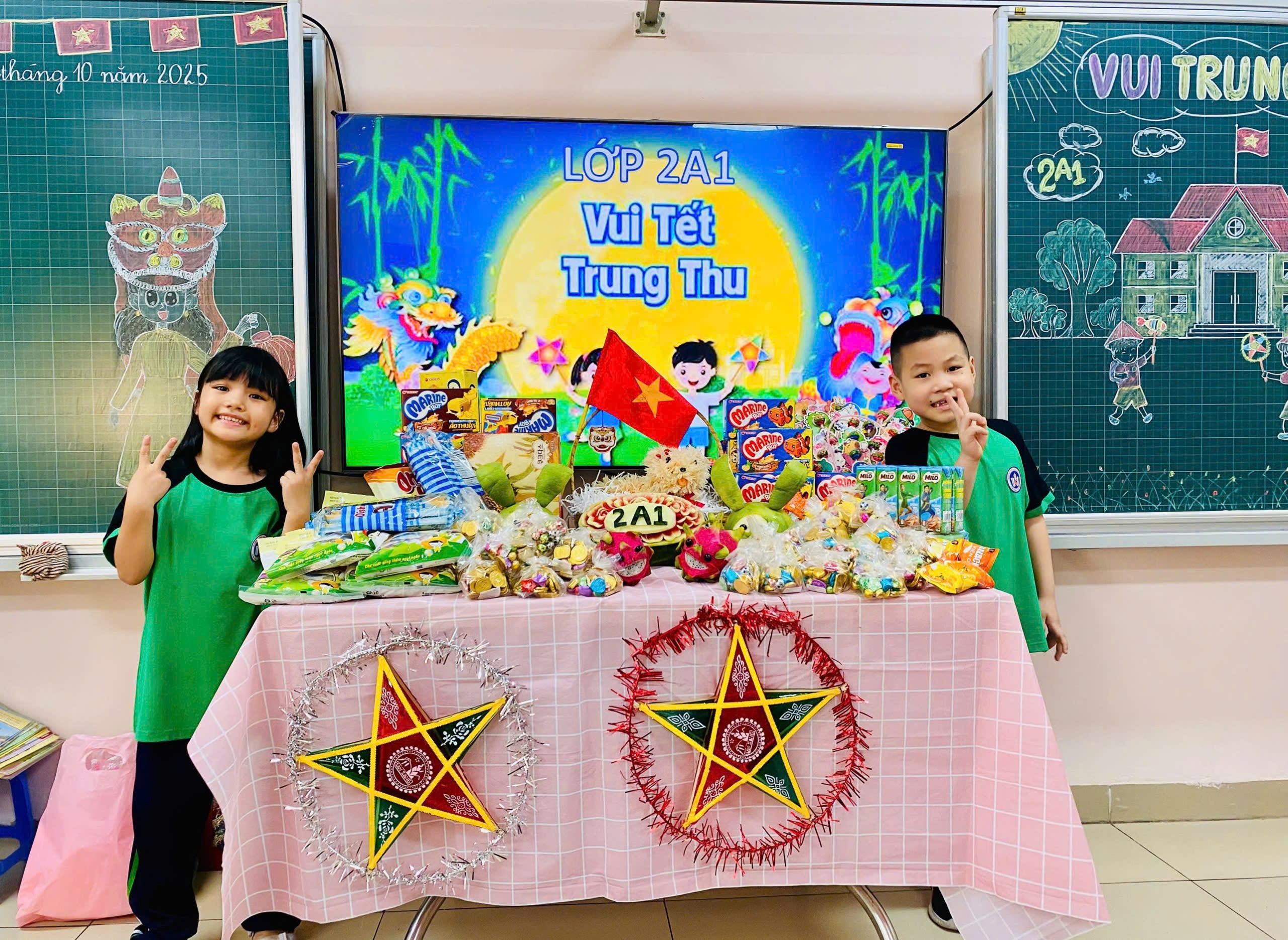 A group of kids standing in front of a table with decorations

AI-generated content may be incorrect.